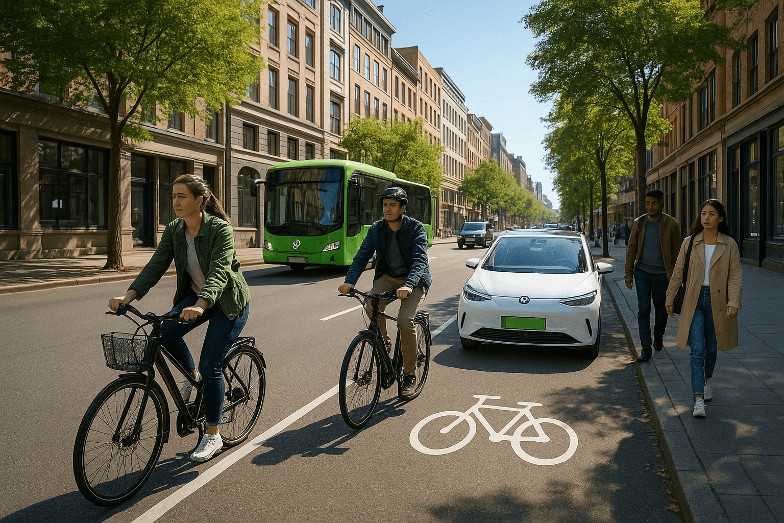 City streets with bicycles, pedestrians, and electric vehicles to illustrate green mobility Calles de la ciudad con bicicletas, peatones y vehículos eléctricos para ilustrar la movilidad verde