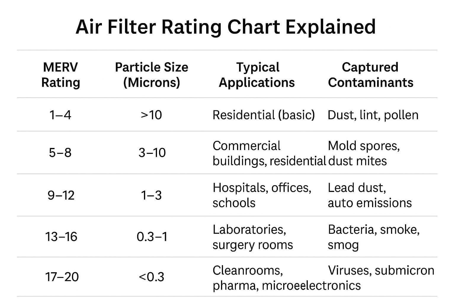 Tabla de clasificación de filtros de aire explicada