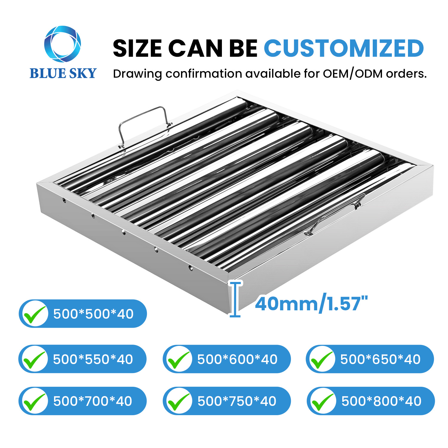 Filtro de grasa para campana de cocina comercial de 19,5 x 19,5 pulgadas - Filtro de campana de escape de acero inoxidable 201 personalizado disponible
