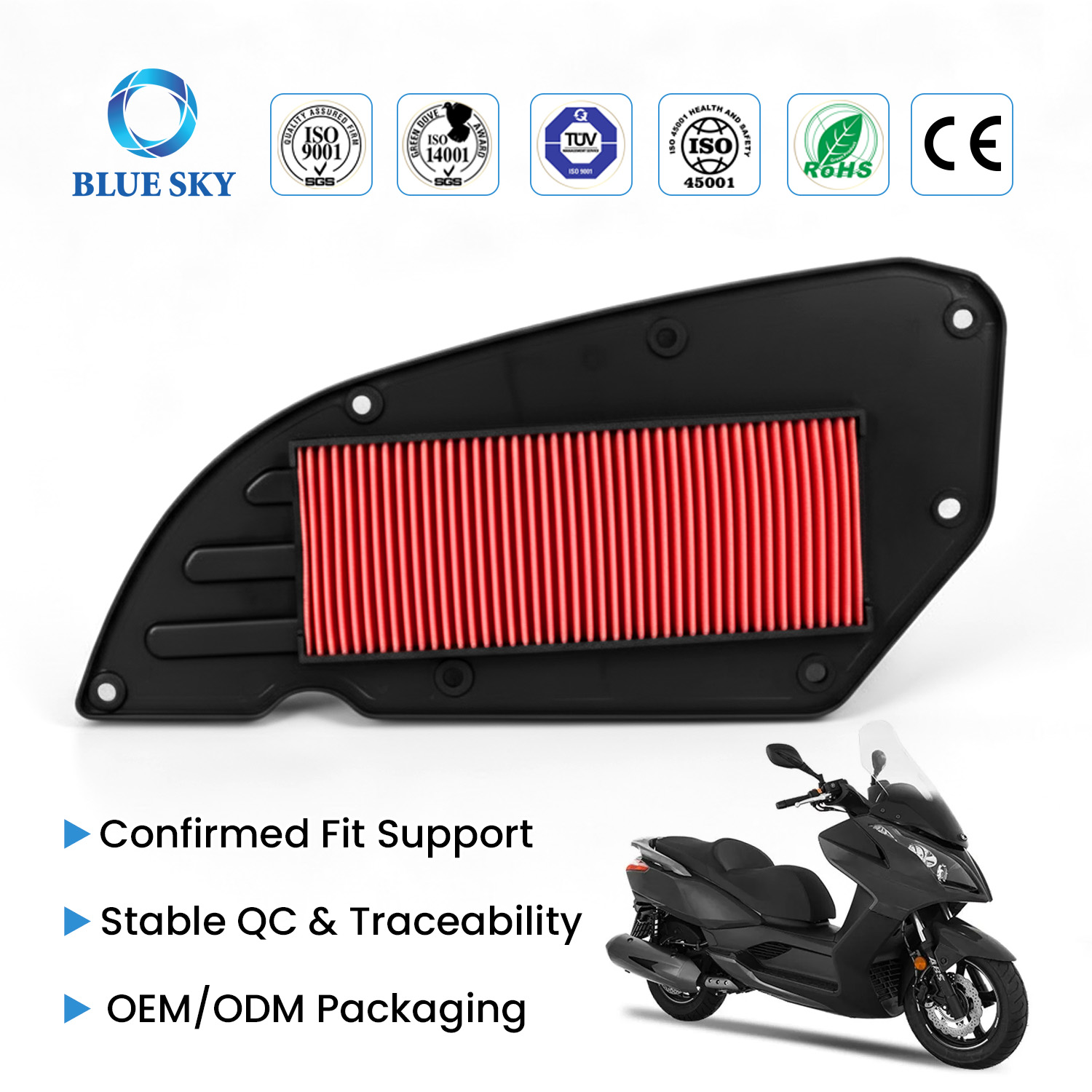 Reemplazo de filtro de aire para motocicleta de alto flujo para filtro de entrada de aire del motor KYMCO Downtown 300/300i/350/350i
