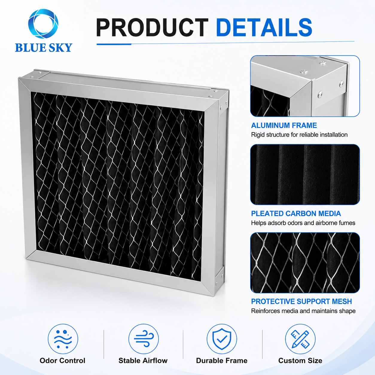 Filtro de aire de panel plisado de carbón activado con marco de aluminio para ventilación HVAC Control de olores personalizado disponible