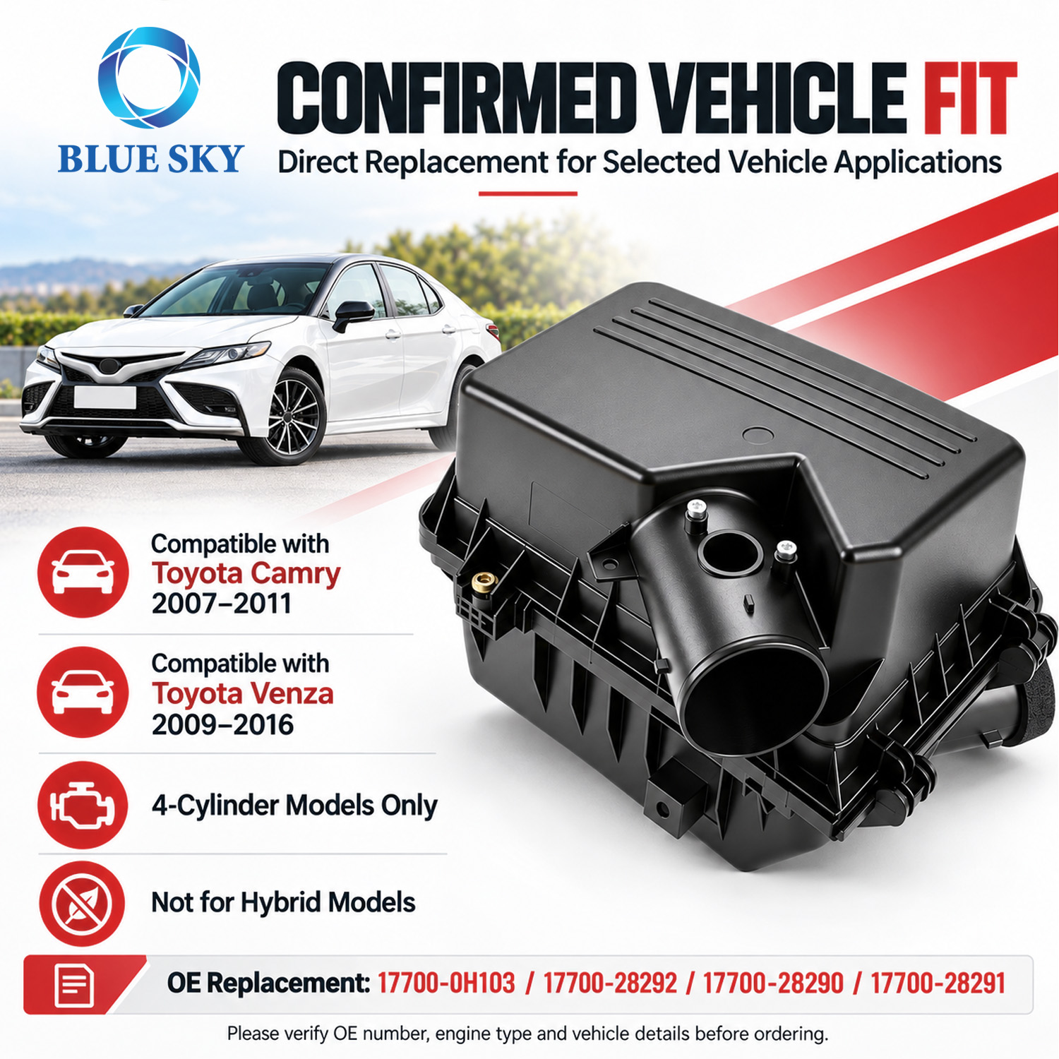 17700-0H103 Caja de filtro de aire compatible con motores de 4 cilindros Toyotas Camry 2007-2011 y Venza 2009-2016