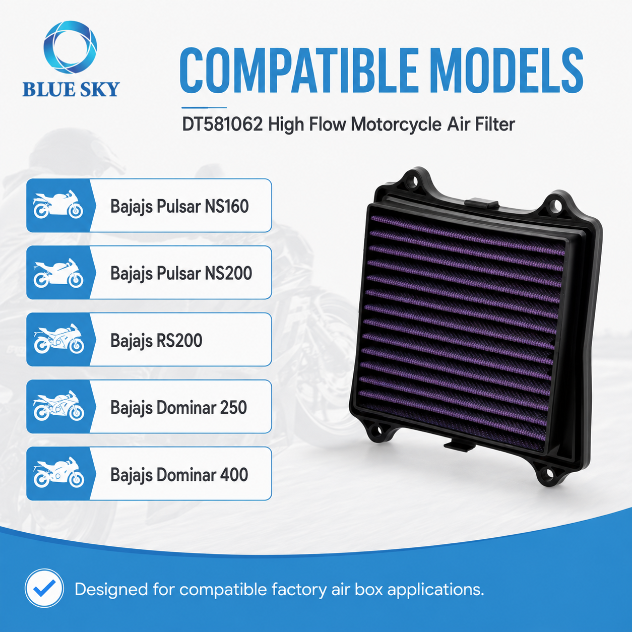 Filtro de aire de motocicleta de alto flujo DT581062 compatible con Bajajs Rouser Pulsar RS200 NS160 NS125 Dominar 250 400