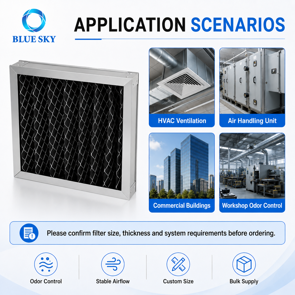 Filtro de aire de panel plisado de carbón activado con marco de aluminio para ventilación HVAC Control de olores personalizado disponible