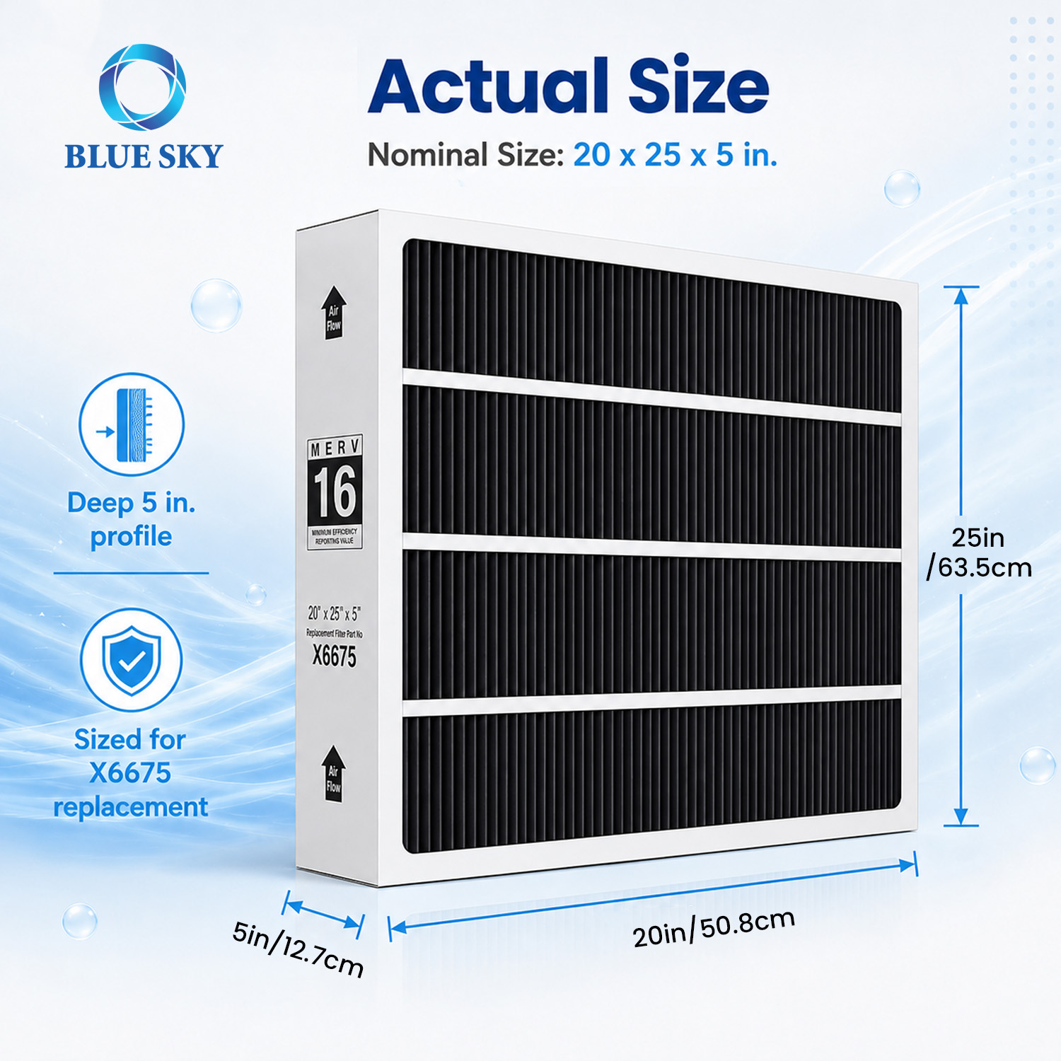 Filtro de aire plisado MERV 16 HVAC 20x25x5 compatible con el sistema de horno Lennox X6675 HCC20-28