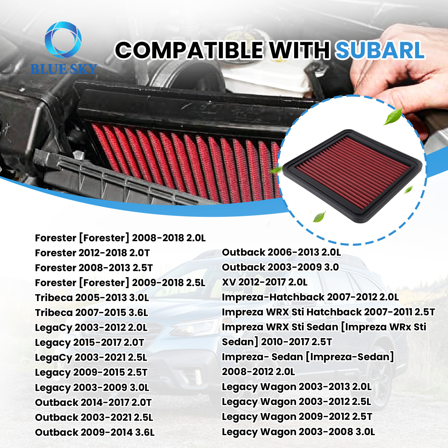 33-2304 Filtro de aire de repuesto compatible con Subarus Legacy GT 2005-2008, WRX y WRX STI 2008-2011