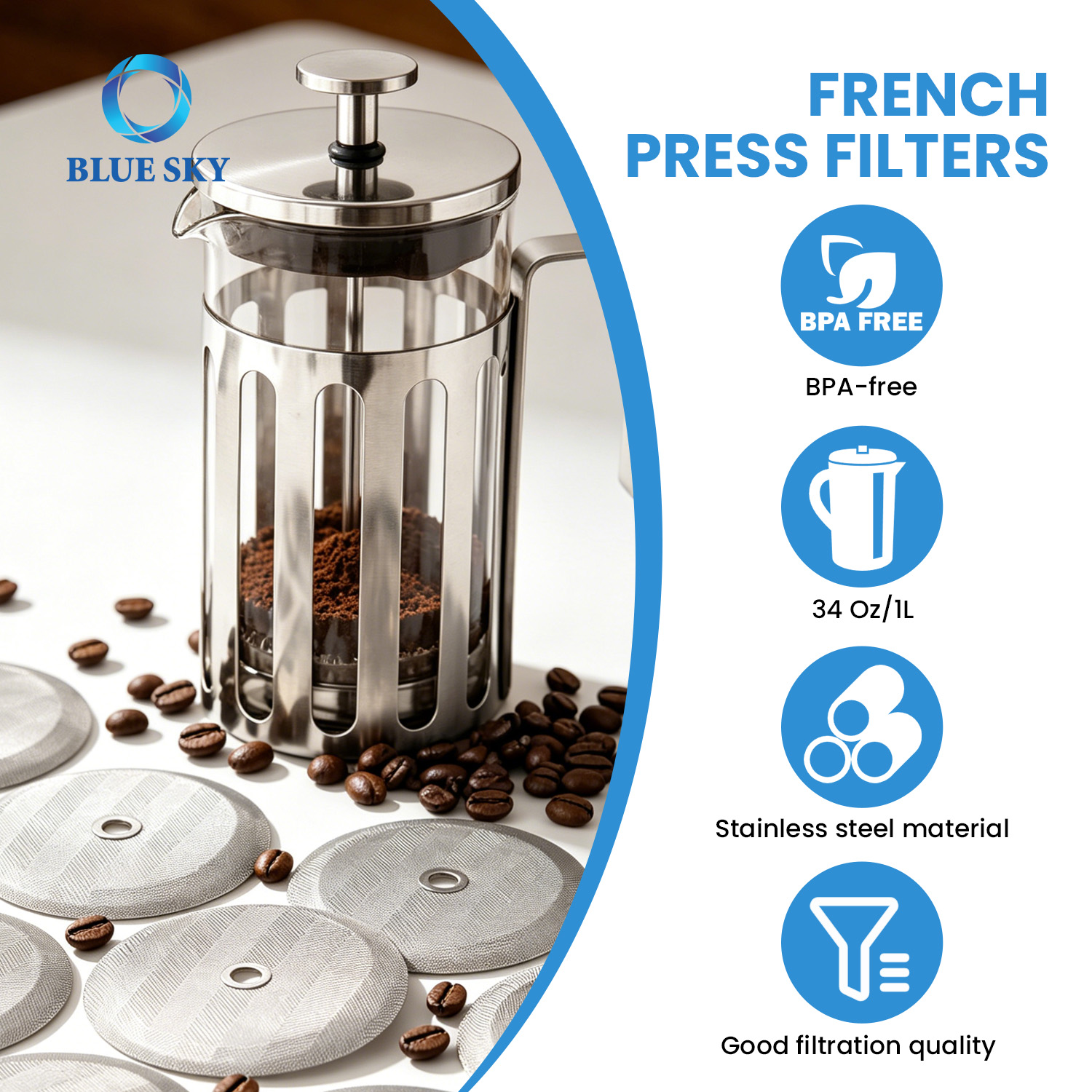 Pantalla de filtro de repuesto de prensa francesa de acero inoxidable de 4 pulgadas para cafetera de 1000ml, 34oz y 8 tazas