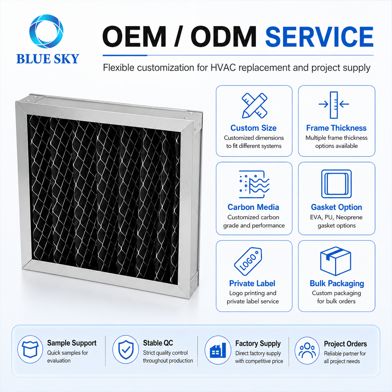Filtro de aire de panel plisado de carbón activado con marco de aluminio para ventilación HVAC Control de olores personalizado disponible