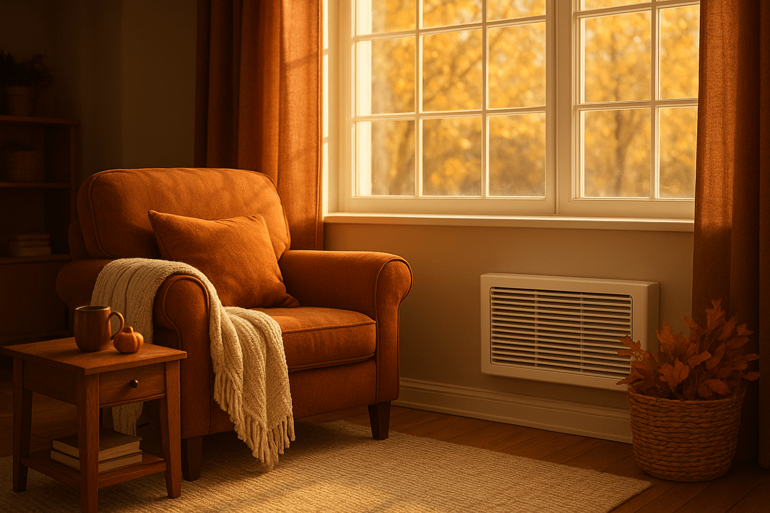Escena de interior de otoño acogedor con luz solar a través de una ventana y un filtro limpio resaltado en el sistema HVAC 