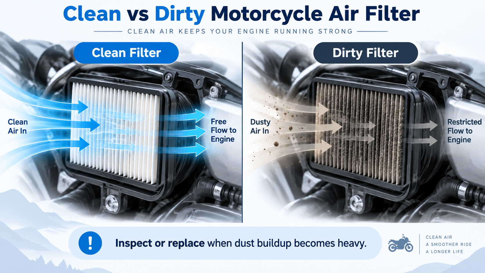 Filtro de aire de motocicleta limpio versus sucio