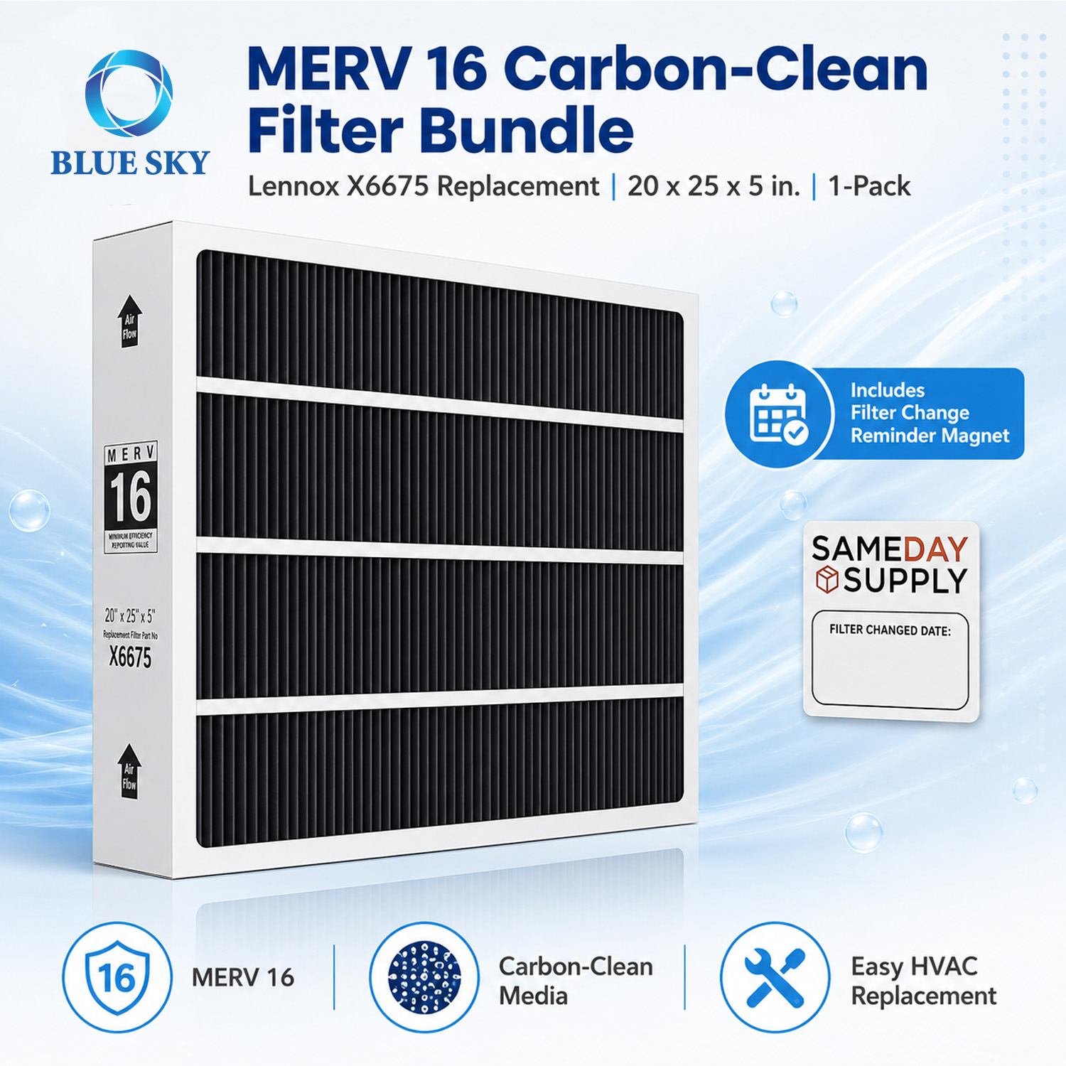 Filtro de aire plisado MERV 16 HVAC 20x25x5 compatible con el sistema de horno Lennox X6675 HCC20-28