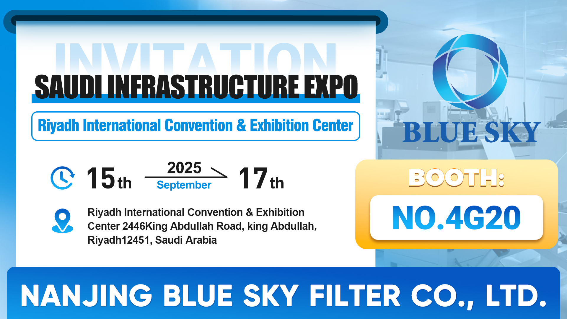 2025 Nanjing Blue Sky Filter en Saudi Infraestructura Expo (17 de septiembre-sep.17 en saudita, stand No. 4G20)