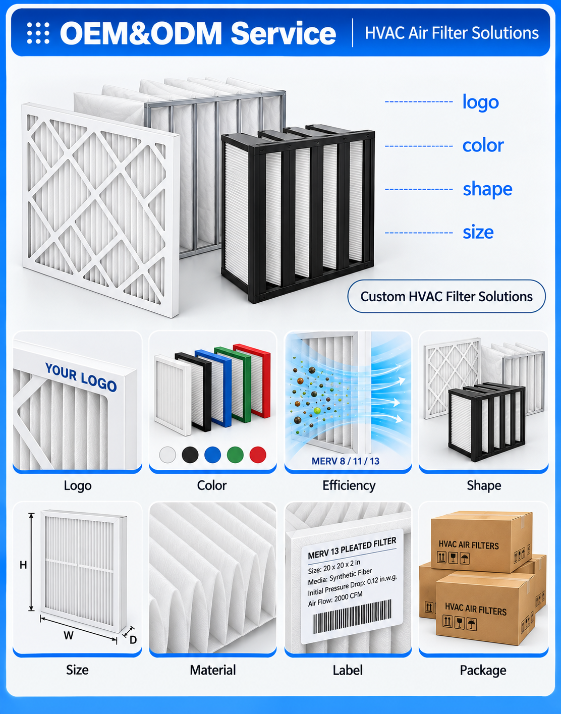 Filtros de aire OEM ODM HVAC personalizados con etiqueta de eficiencia de marco de medios de tama&ntilde;o y opciones de embalaje